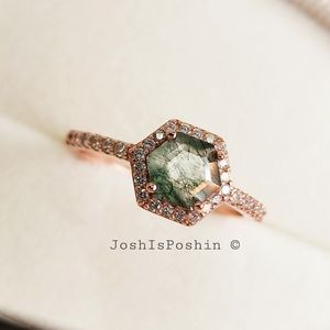 Hexagon Natural Moss Agate diamond cocktail ring in rose gold over silver l